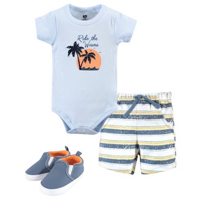 Hudson Baby Infant Boy Cotton Bodysuit, Shorts and Shoe 3pc Set, Ride Waves