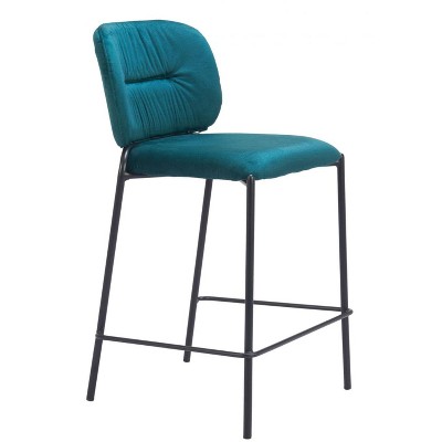 Counter Stool – 36.2" H With Green Velvet Seat & Powder-Coated Steel Frame (Set of 2) By Zuo Modern
