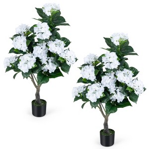 Costway 2 Pack Artificial Hydrangea Tree Fake Floral Plant w/ 11 White Flowers
