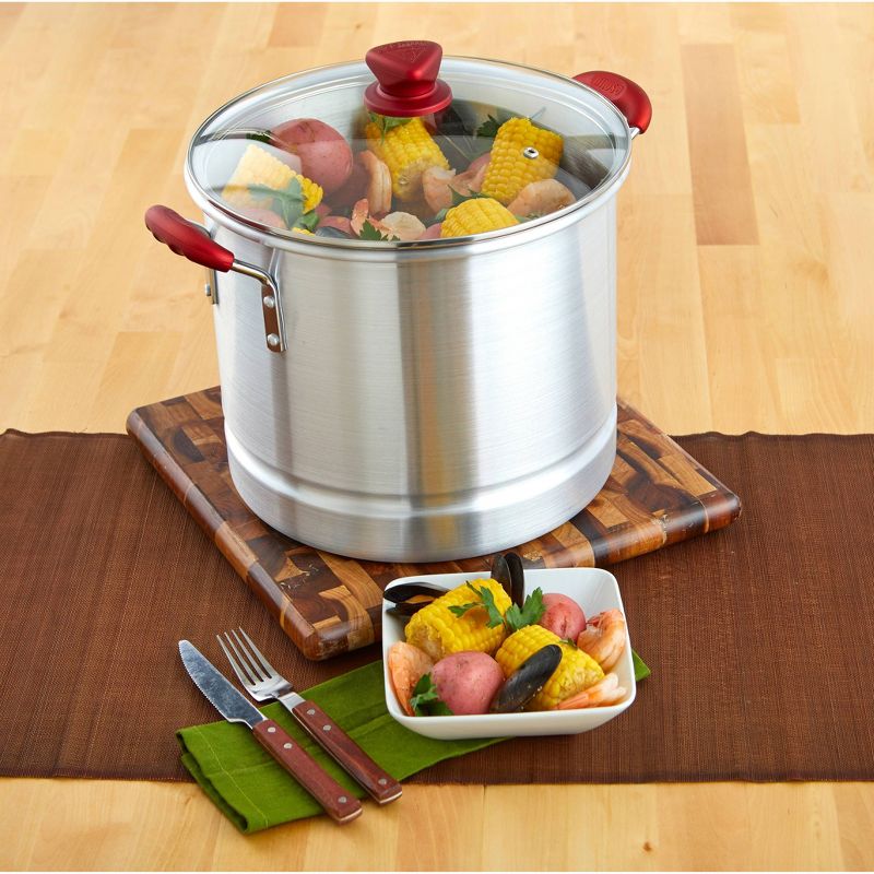 IMUSA 32qt Aluminum Tamale/Seafood Steamer with Ruby Red Handles & Glass Lid, 6 of 11