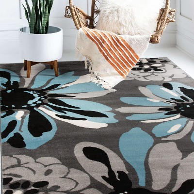 Blue and Gray Floral Synthetic Area Rug 5'3" x 7'3"