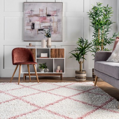 Pink and Ivory Geometric Shag Runner Rug, 2' 8" x 8'