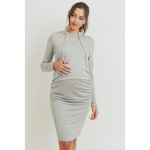 Hello Miz Women's Long Sleeve Side Ruched Maternity Hoodie Dress - 1 of 4