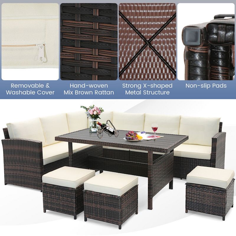 Tangkula 7PCS Wicker Patio Conversation Furniture Set Sectional Sofa Set w/ White Cushions, 3 of 7