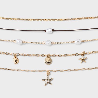 Mixed Starfish Seashell and Pearl Necklace Set 5pc - Wild Fable™ Gold