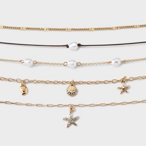 Mixed Starfish Seashell and Pearl Necklace Set 5pc - Wild Fable™ Gold - 1 of 3