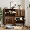 Shoe Cabinet with Flip Drawers, Entryway Shoe Organizer for Hallway or Foyer, Walnut Slim Storage Cabinet with Modern Fence Design-The Pop Home - 3 of 4