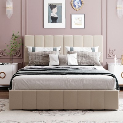 Upholstered Platform Bed with Hydraulic Storage, Modern Frame Bed with Linen Headboard for Bedroom-Baofuwish