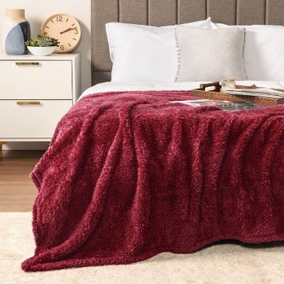 Wine Red Plush Sherpa Fleece Throw Blanket, 50" x 60"
