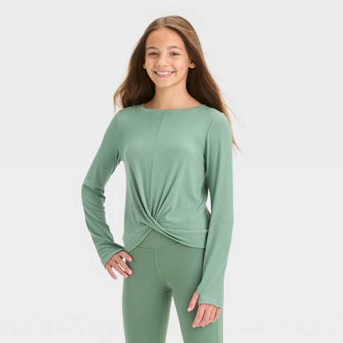 Girls' Long Sleeve Soft Rib T-Shirt - All in Motion™ Olive Green L