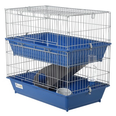 PawHut 2-Tier Small Animal Cage Enclosure, Play House for Bunny, Ferret, Chinchilla with 2 Doors, Platform, Ramp, Dish and Bottle, Blue