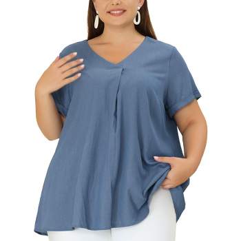 Agnes Orinda Women's Plus Size Casual V Neck Lounge Around Short Sleeve Solid Chambray Blouses