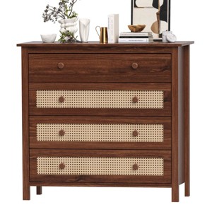 SEVOBAL Utility Storage Cabinets Five Drawer Chest Woven Rattan Detail Modern Storage Living Room Home Office Entryway, Brown, 15.6"*39.4"*37" - 1 of 4