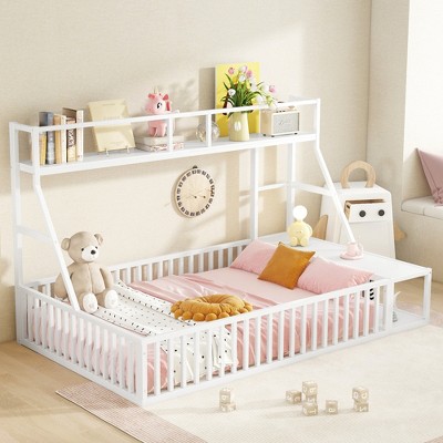 ALEXOUN Floor Bed with Storage Shelves, Heavy Duty Metal Montessori Floor Bed with Full-Length Guardrails,for Kids,Girls, Boys