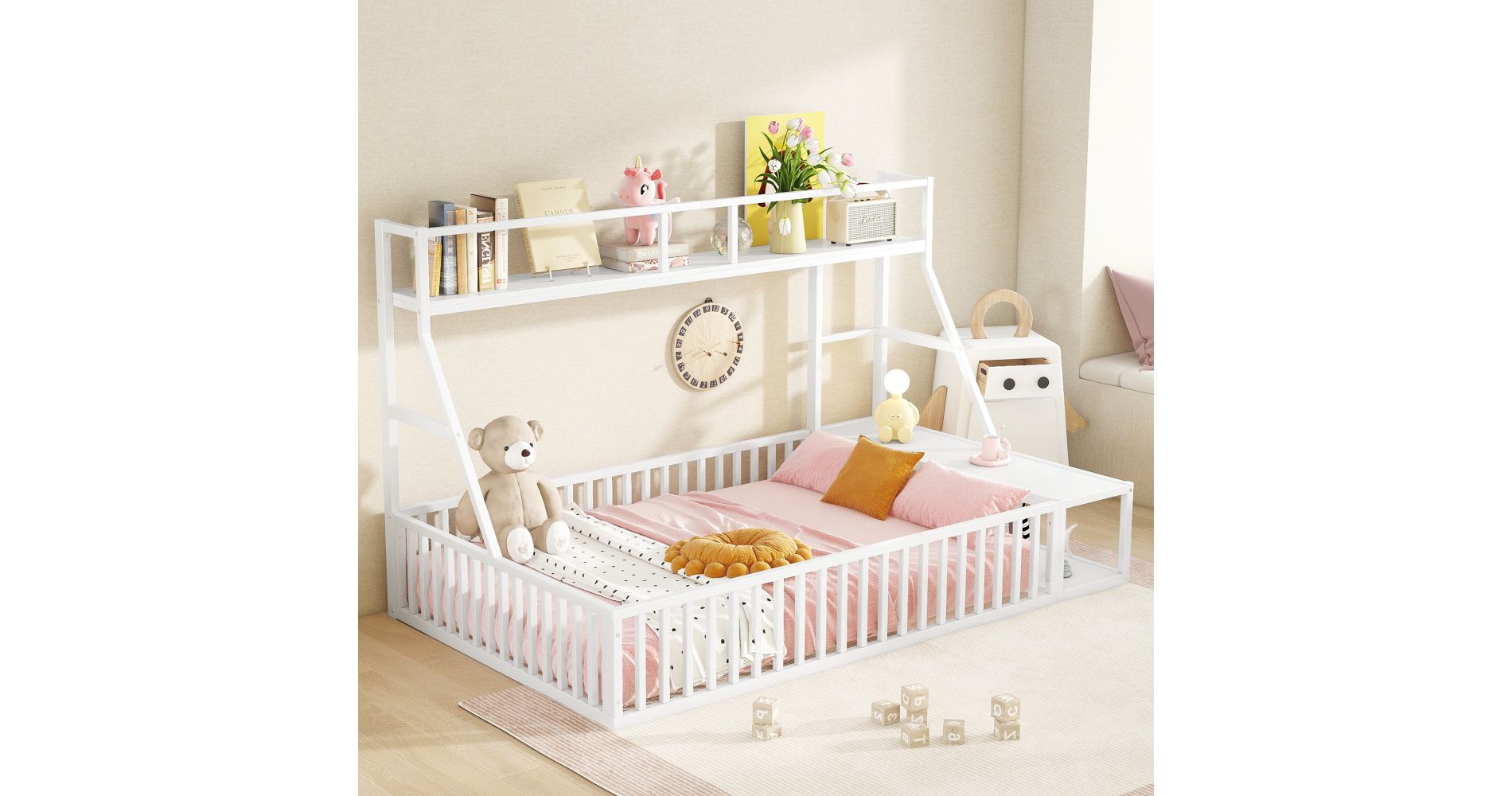 ALEXOUN Full Size Floor Bed with Storage Shelves, Heavy Duty Metal Montessori Floor Bed with Full-Length Guardrails,for Kids,Girls, Boys,Off White