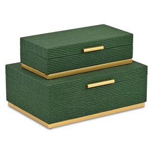 HomeRoots Set of Two Green And Gold Striped Nesting Storage Boxes With Lids - 1 of 4