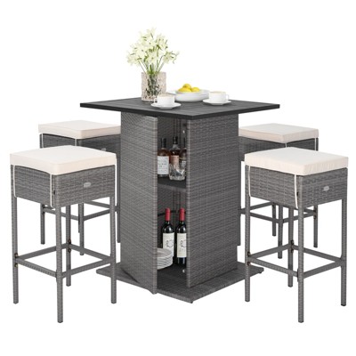 Gray Wicker 5-Piece Outdoor Bar Set with White Cushions