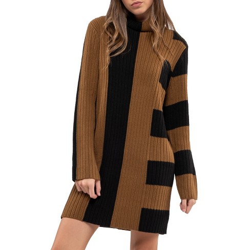 Snug As Can Be Heather Taupe Ribbed Mock Neck Sweater Dress