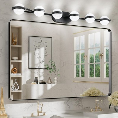 DOMETOUR 43'' Black LED Bathroom Vanity Light, 6-Light Wall Mounted Fixture with Crystal Sand Acrylic Shades for Mirror