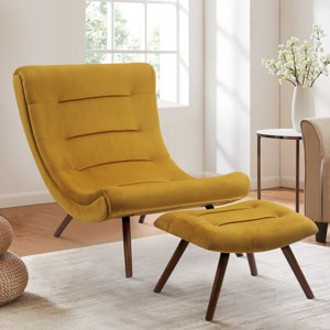 Jupiter 33.5" High Back Wide Upholstered Performance Velvet Lounge Chair Chaise and Ottoman Foot Rest Set-Maison Boucle - 1 of 4