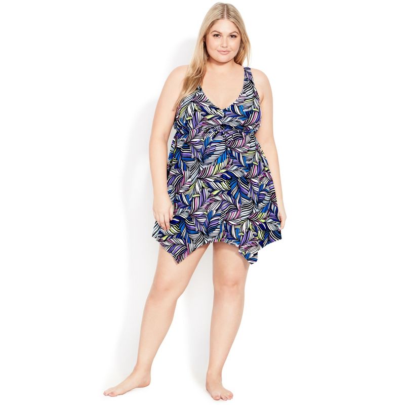 Women's Plus Size Sharkbite Print Swim Dress - multi feather | EVANS, 1 of 4