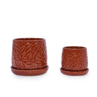 Syemin Planters 2 Pieces Ceramic Planter Pot, Modern Indoor Outdoor Flowerpot for Patio, Garden or Windowsills, Red, 8.07"*8.07"*7.09"