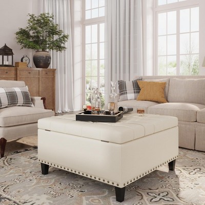Faux Leather Lift-Top Coffee Table Ottoman, Large Upholstered Footrest Stool Toy Box Storage