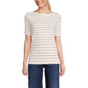 Lands' End Women's Supima Cotton Elbow Sleeve Boatneck Button Shoulder Tee - 1 of 4