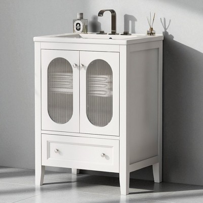 24In Bathroom Vanity with Sink,Freestanding Cabinet with Glass Doors,Drawer & Adjustable Shelf,Ceramic Basin,8-Inch Faucet Mount