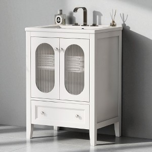 24In Bathroom Vanity with Sink,Freestanding Cabinet with Glass Doors,Drawer & Adjustable Shelf,Ceramic Basin,8-Inch Faucet Mount - 1 of 4
