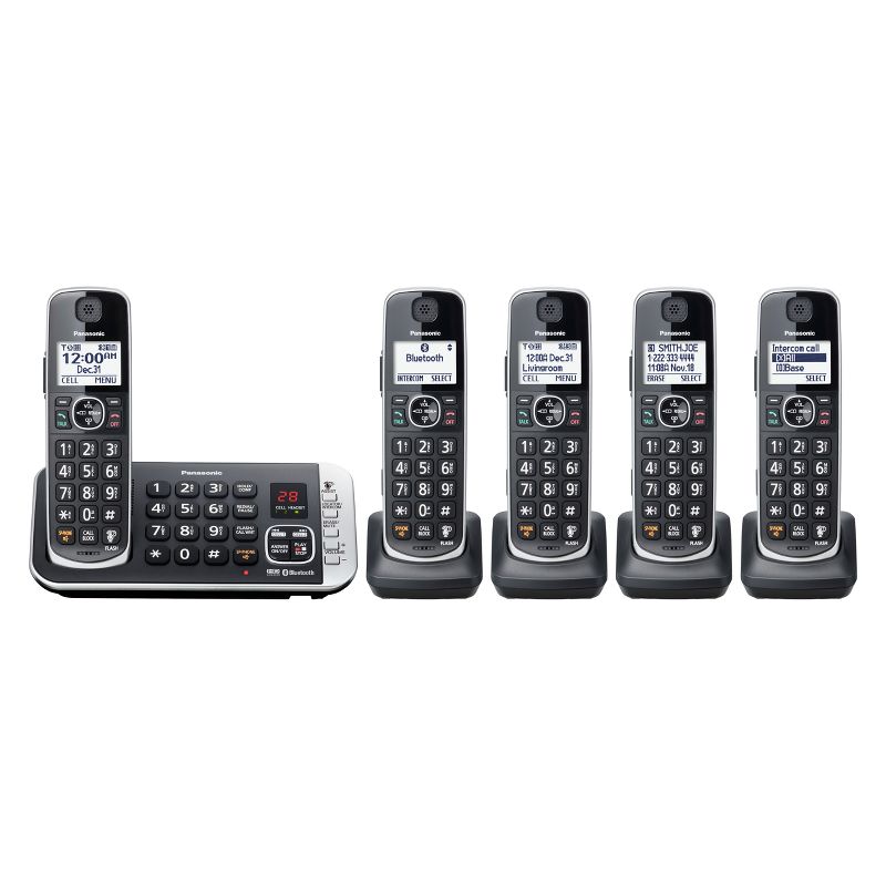 Panasonic Cordless Phone with Link to Cell and Digital Answering Machine, 5 Handsets - Black (KX-TGE675B), 1 of 4