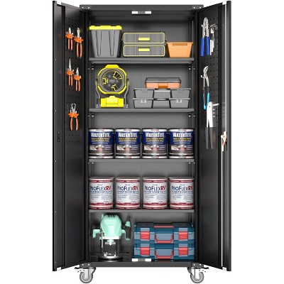 Garage Storage Cabinet with Wheels, 72" H Locking Metal Storage Cabinet with 4 Adjustable Shelves & Door Pegboard for Garage, Home Office, Black