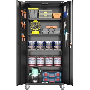 Garage Storage Cabinet with Wheels, 72" H Locking Metal Storage Cabinet with 4 Adjustable Shelves & Door Pegboard for Garage, Home Office, Black - 1 of 1