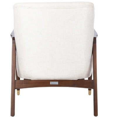 Scandinavian Cream Linen & Wood Transitional Accent Chair with Brass Tips