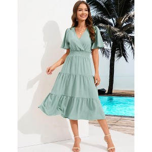Coolmee Women Smocked High Waist Cross V Neck Ruffled Short Sleeve Layered Midi Dress - 1 of 4