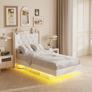 Floating Platform Bed Frame with LED Lights & Charging, Upholstered Headboard - 1 of 4