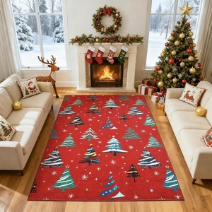Christmas Area Rugs for Living Room, Washable Rug for Home Decor, Non Slip Carpet, Soft Low Pile Rug with Xmas Tree Motif for Bedroom, Dining Room - 1 of 4