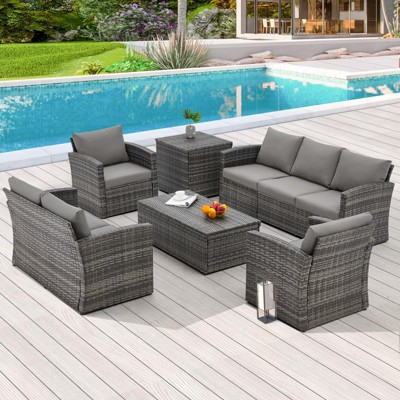 COWLOWN 7 Piece Grey Rattan Outdoor Patio Furniture Set with Storage Boxes, All - Weather PE Wicker Sectional Sofa for Deck, Backyard and Garden