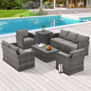 COWLOWN 7 Piece Grey Rattan Outdoor Patio Furniture Set with Storage Boxes, All - Weather PE Wicker Sectional Sofa for Deck, Backyard and Garden - 1 of 4