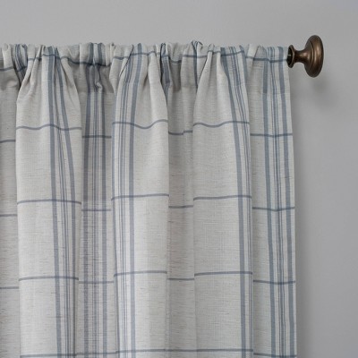 Blue Plaid Linen Blend Light-Filtering Rod Pocket Curtain Panel 54" x 84"