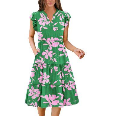 flowy tiered dress Zeagoo Women's V Neck Short Sleeve Midi | Green | Misses Medium UpcycledFurniture