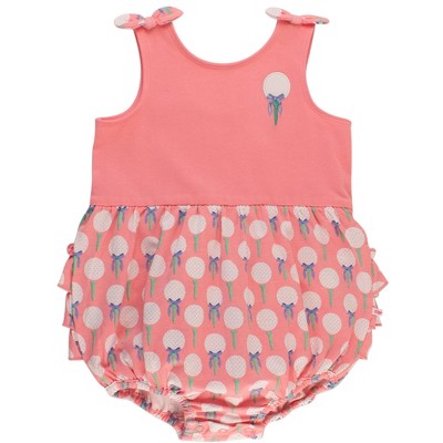RuffleButts Baby/Toddler Knit Tie Shoulder Bubble Romper - Pink Tee Time, 6-12m