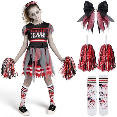 Joyfy Girls Spooky Zombie Cheerleader Halloween Costume Set with Pom Poms | "Fearleader" Halloween Outfit with Top, Skirt & Accessories for Kids