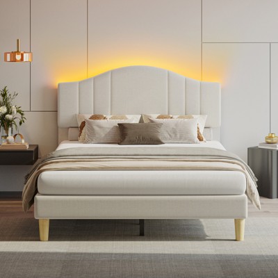 Pinmoco LED Bed Frame, Upholstered Platform Bed with Adjustable Arc Headboard
