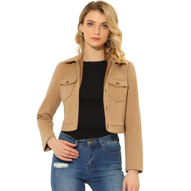 Allegra K Women's Button Front Long Sleeve Crop Shirt Jackets with Pockets, 1 of 6