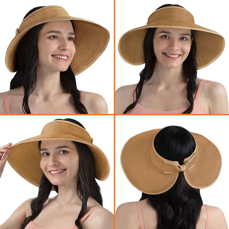 SUN CUBE Womens Sun Visor Hat, Beach Straw Roll Up Ponytail Hat, Wide Brim Sun Hat for Summer UV Protection Foldable, 3 of 8