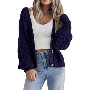 Zeagoo Women's 2025 Fall Chunky Knit Cardigans Open Front Long Sleeve V Neck Button Loose Cardigan Sweaters - 1 of 4