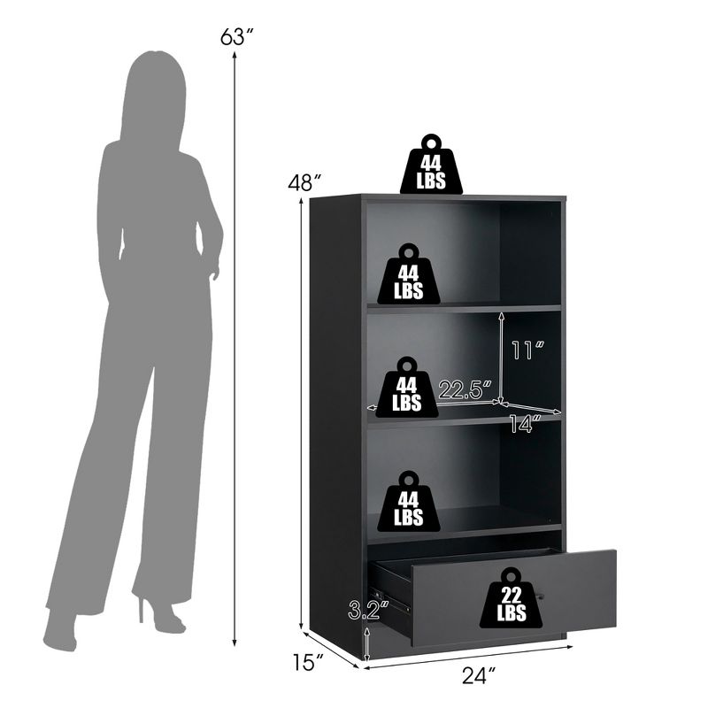Costway 48'' Tall 4-tier Storage Shelf Wood Bookcase w/Drawer Home Organizer Display Rack, 4 of 11