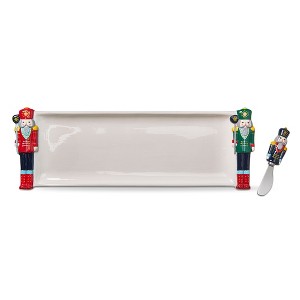 tagltd Holiday Nutcracker Solid White Rectangle Earthenware Serving Platter with Cheese Spreader, 19L x 5.9W in - 1 of 3