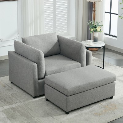 CAVINAS Oversized Armchair with Ottoman,Plush Linen Accent Chair with Lumbar Support,Modern Comfy Reading Chair for Living Room,Bedroom,Light Gray